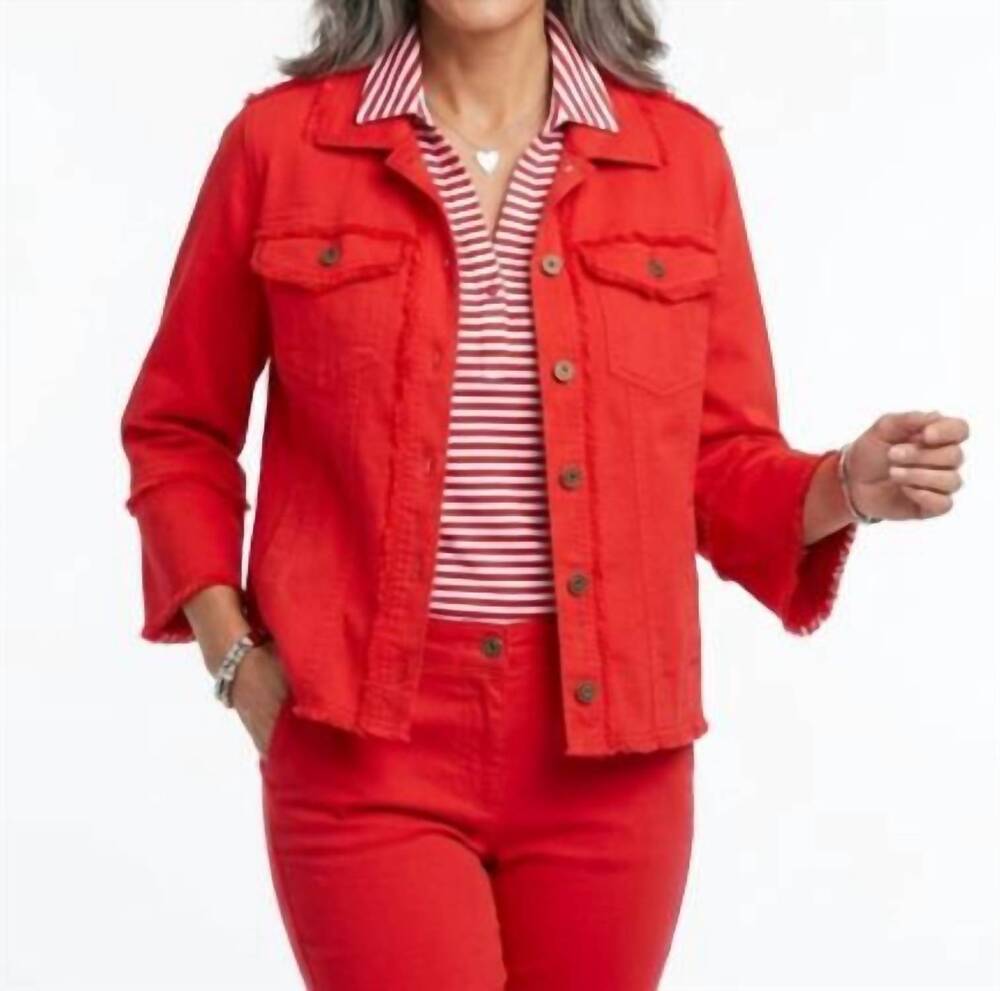 NEW MULTIPLES fringe trim jacket in fiery red